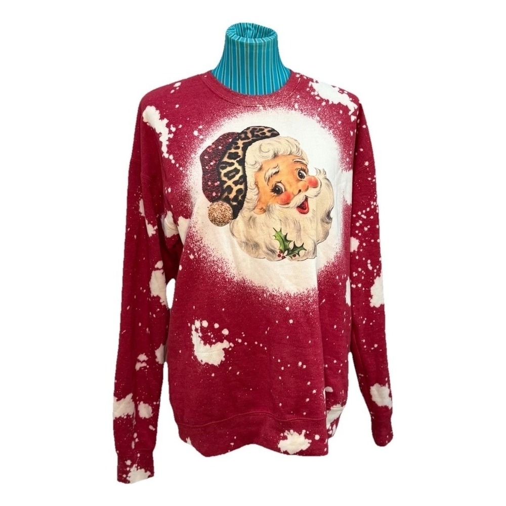 VTG Style Leopard Santa Claus Womens Sz M Artsy Sweatshirt Bleached Red Pullover